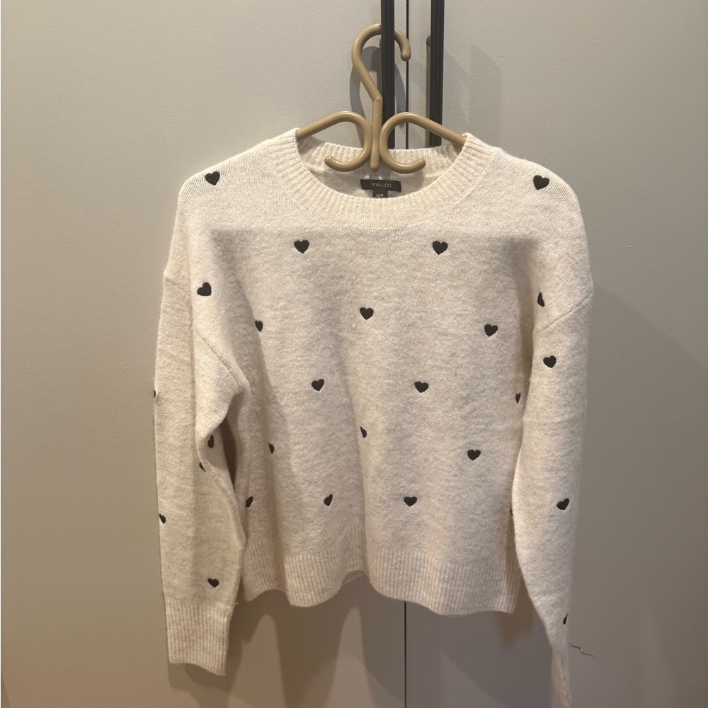 RW&CO. Cream Sweater with Black Heart Pattern